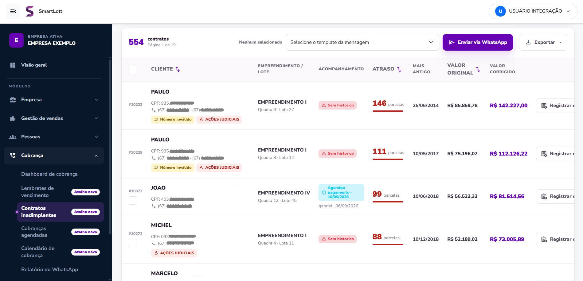 Tela de cobrança com contratos inadimplentes e envio por WhatsApp