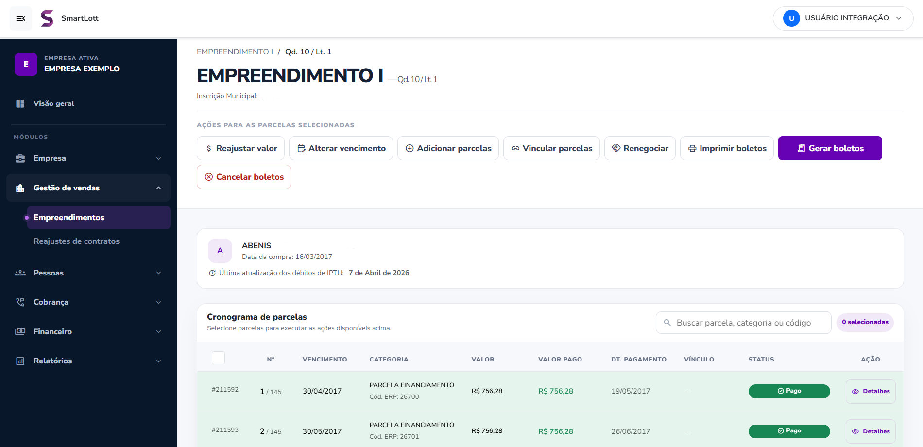 Parcelas, boletos e recebimentos na operação financeira do SmartLotte